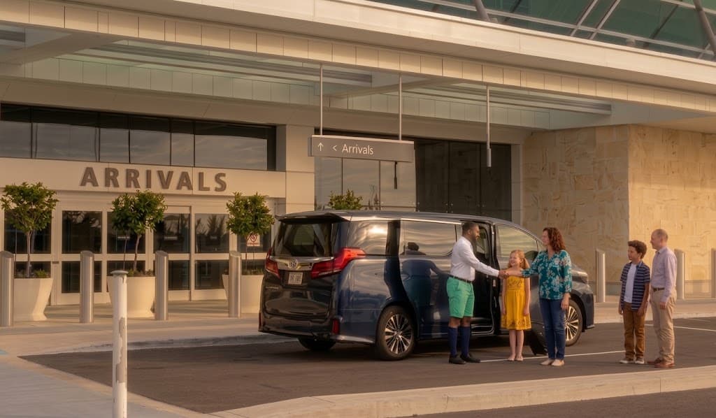 A driver in Bermuda shorts greets a family beside a minivan outside the airport arrivals entrance